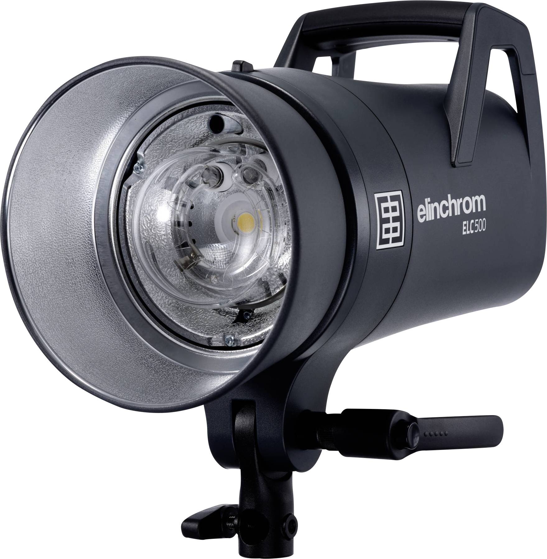 Studijska svjetiljka s velikim reflektorom, марка 'elinchrom' vidljiva sa strane, podesiva za profesionalnu fotografsku rasvjetu.