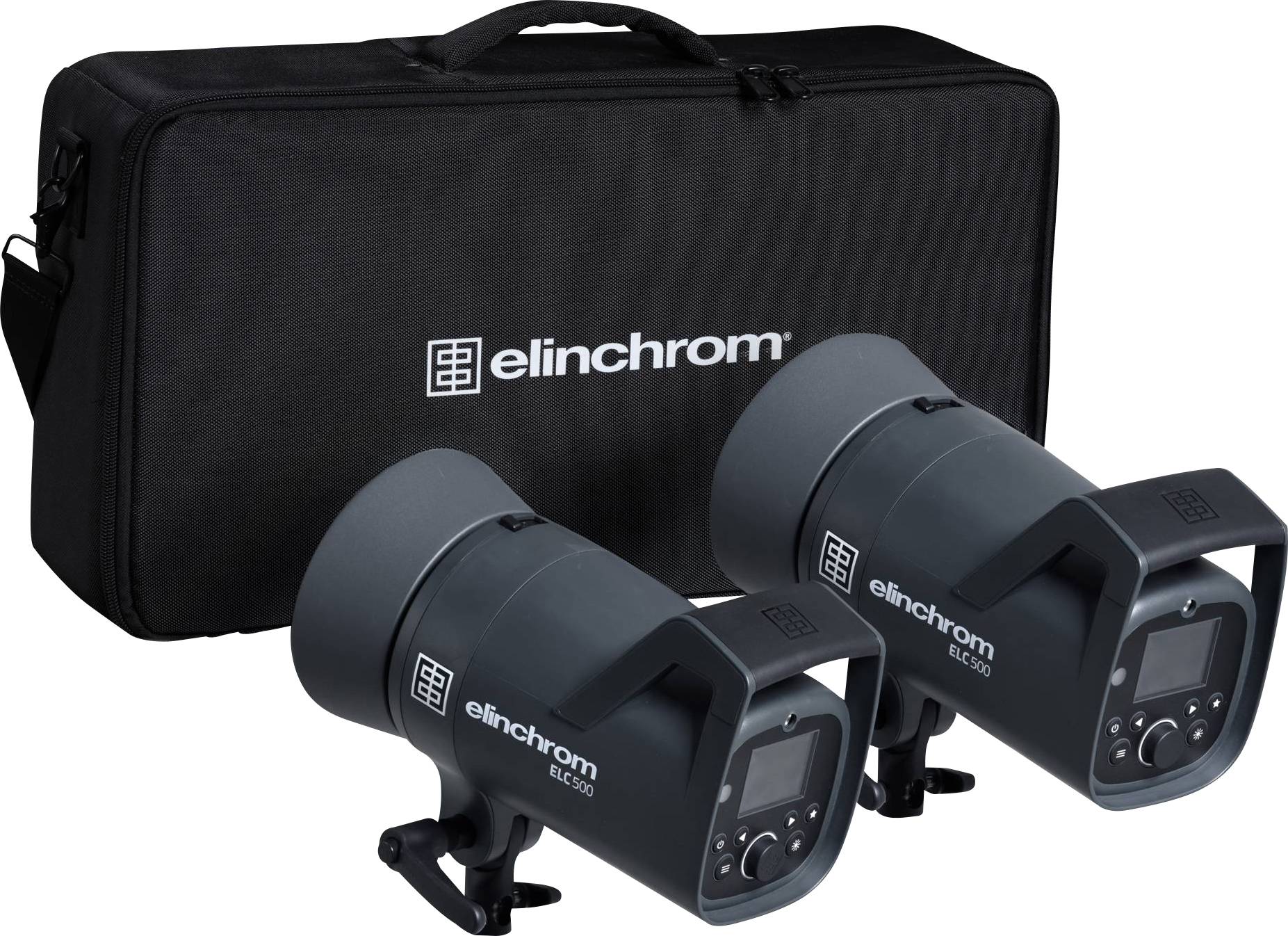 Dva Elinchrom studijska bljeskalica ELB 400 ispred crne torbe za nošenje s Elinchrom logotipom. Idealno za profesionalnu fotografiju.
