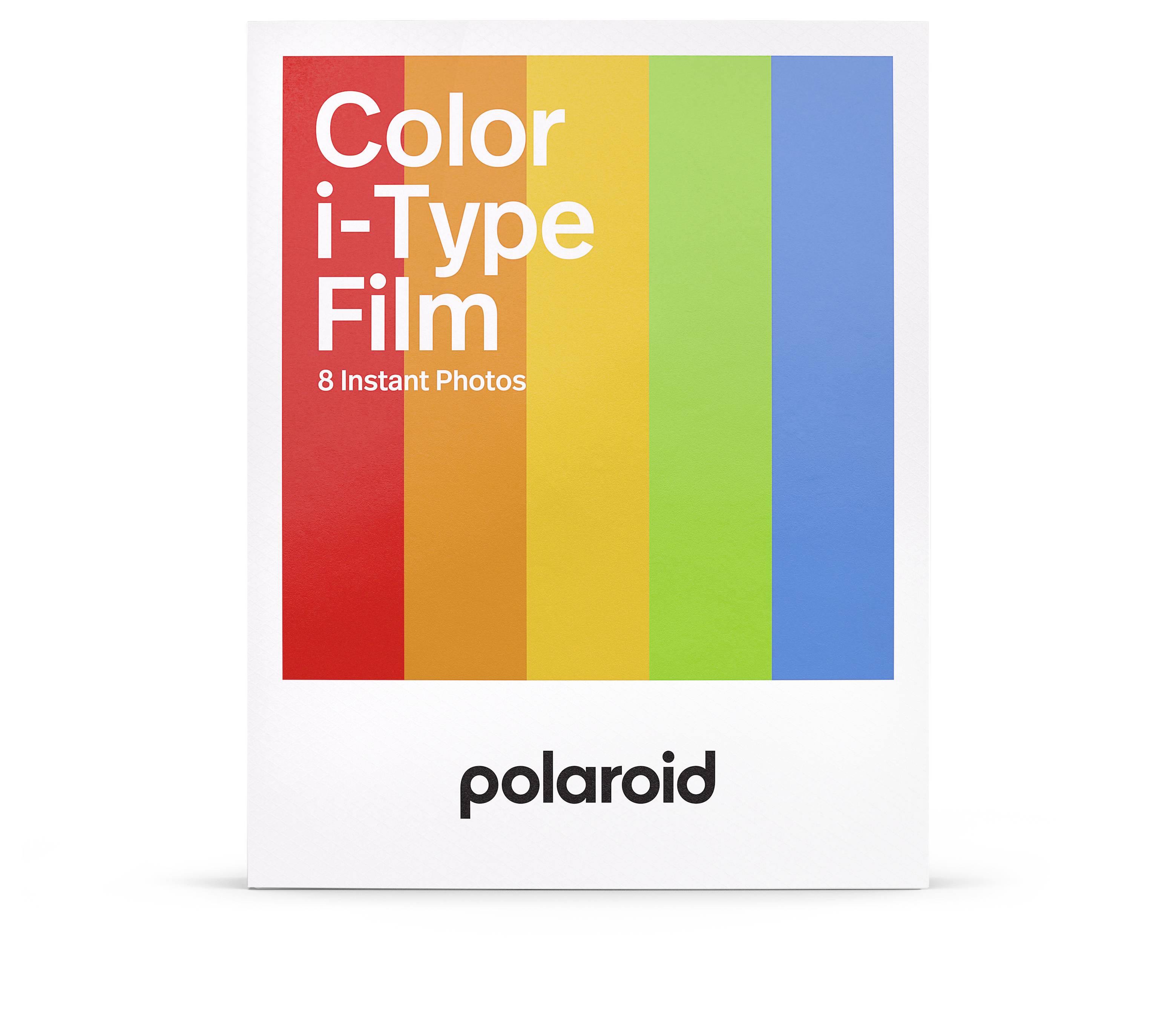 Polaroid Color i-Type Film, ambalaža sa okomitim prugama u crvnoj, narančastoj, žutoj, zelenoj i plavoj boji. Sadrži 8 trenutnih fotografija.