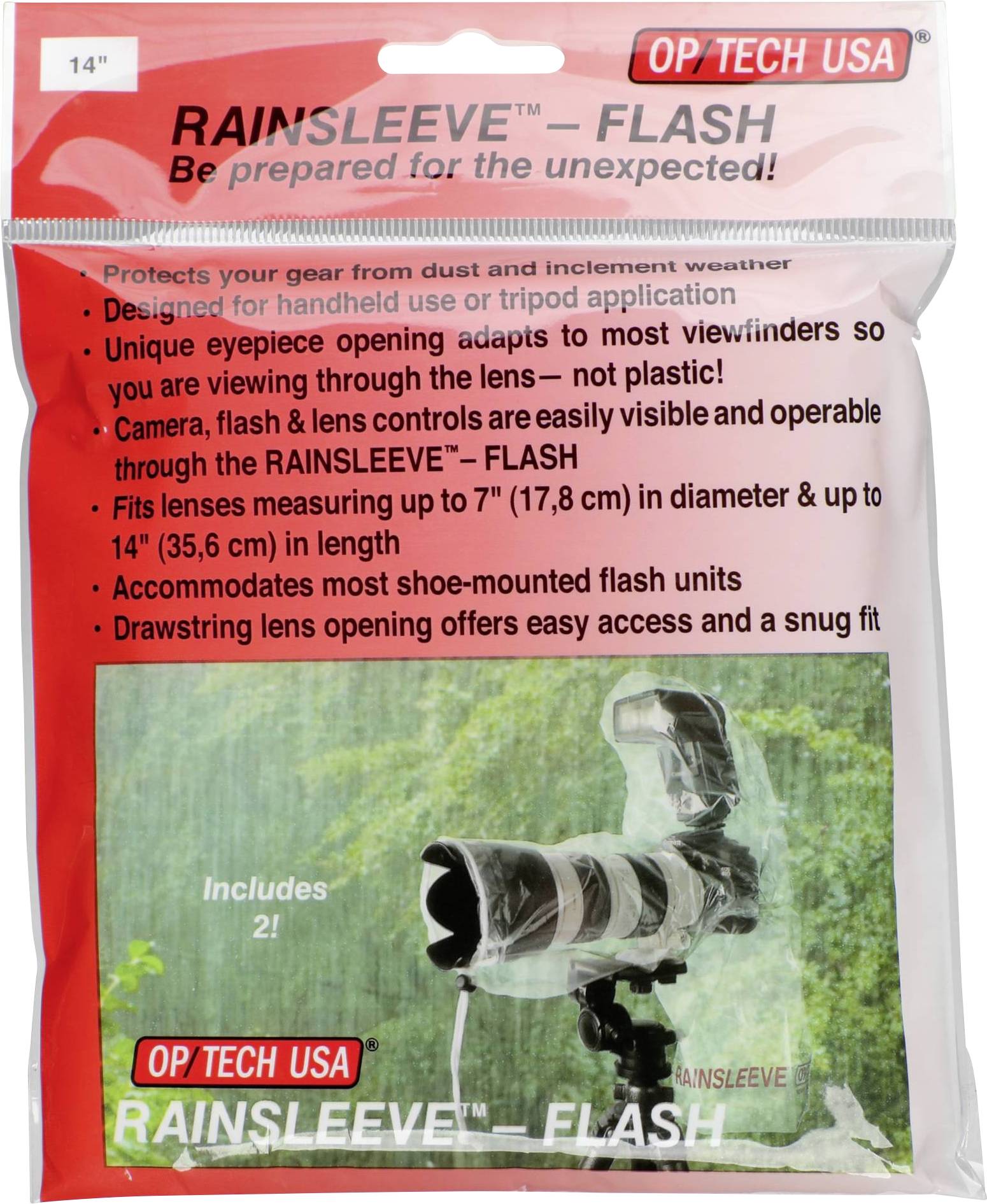 'OP/TECH USA Rainsleeve – Flash'. Zaštitni pokrov za objektive do 35,6 cm. Štiti od prašine i vremenskih uvjeta, jednostavan za upotrebu.