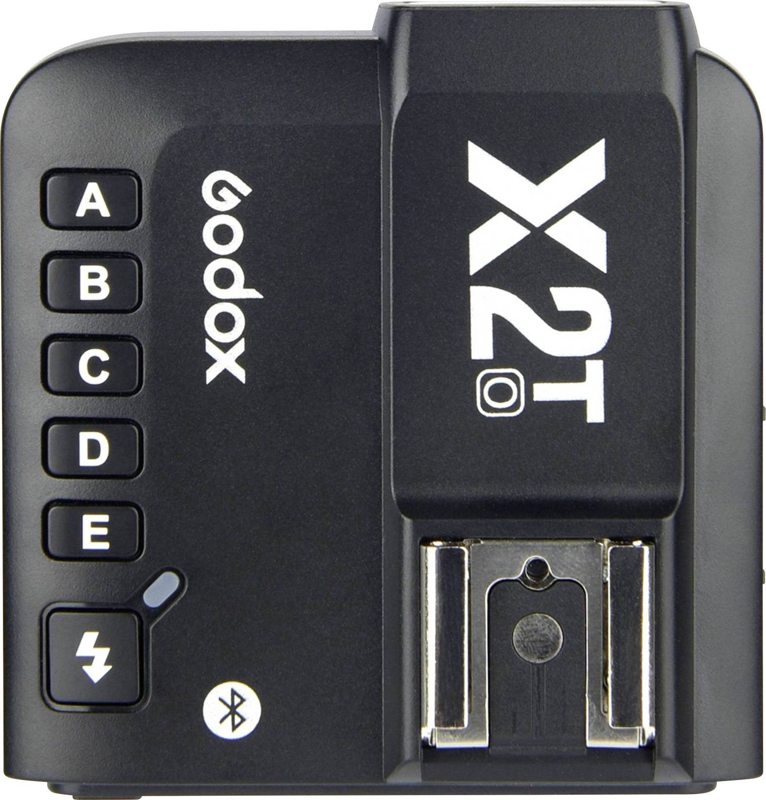 Godox X2T bežični okidač za bljeskalice s pet tipki od A do E za upravljanje i kontaktom za postavnu papučicu na vrhu.