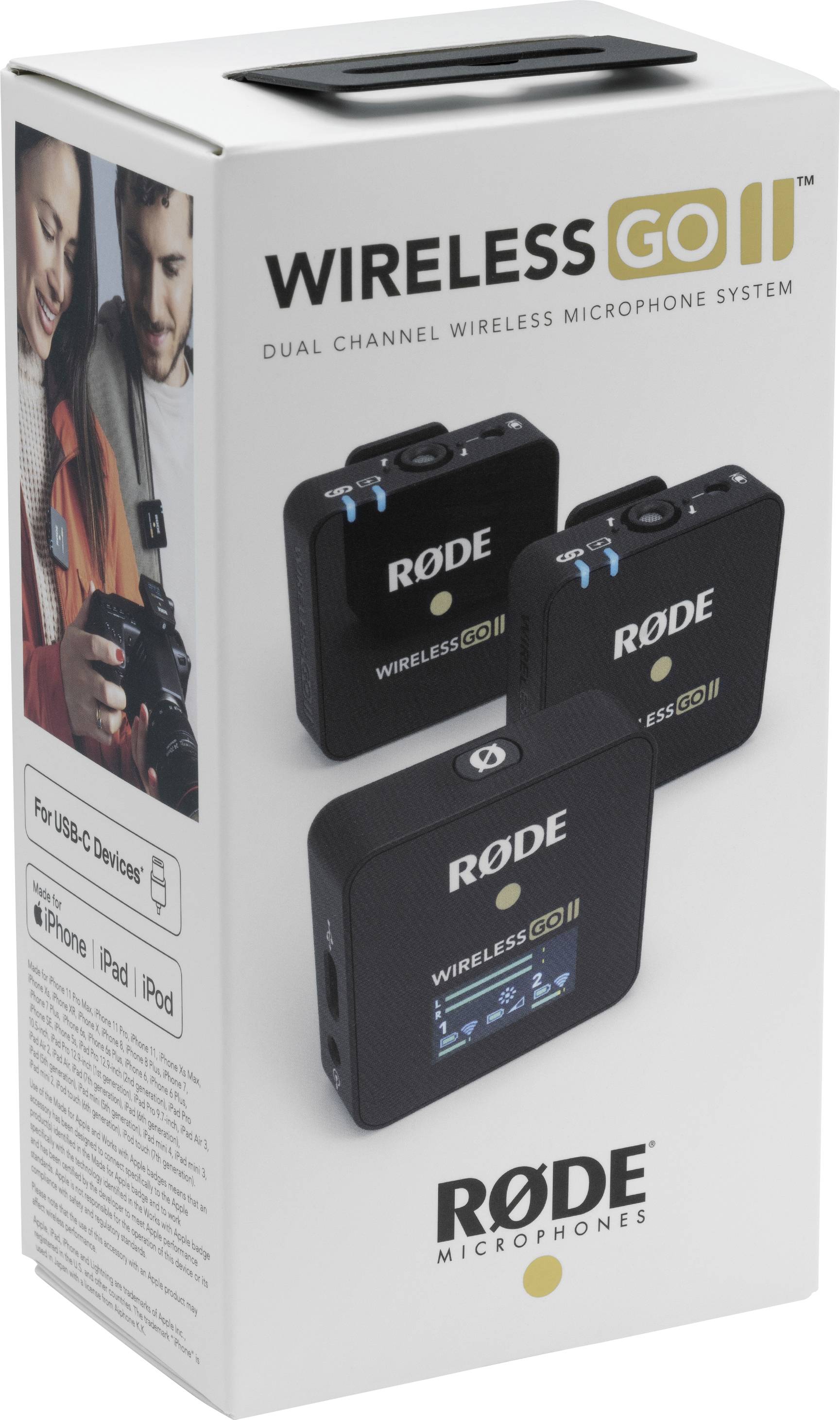 Ambalaža RØDE Wireless GO II mikrofonskog sustava, prikazuje dva crna bežična mikrofona i prijemnik.