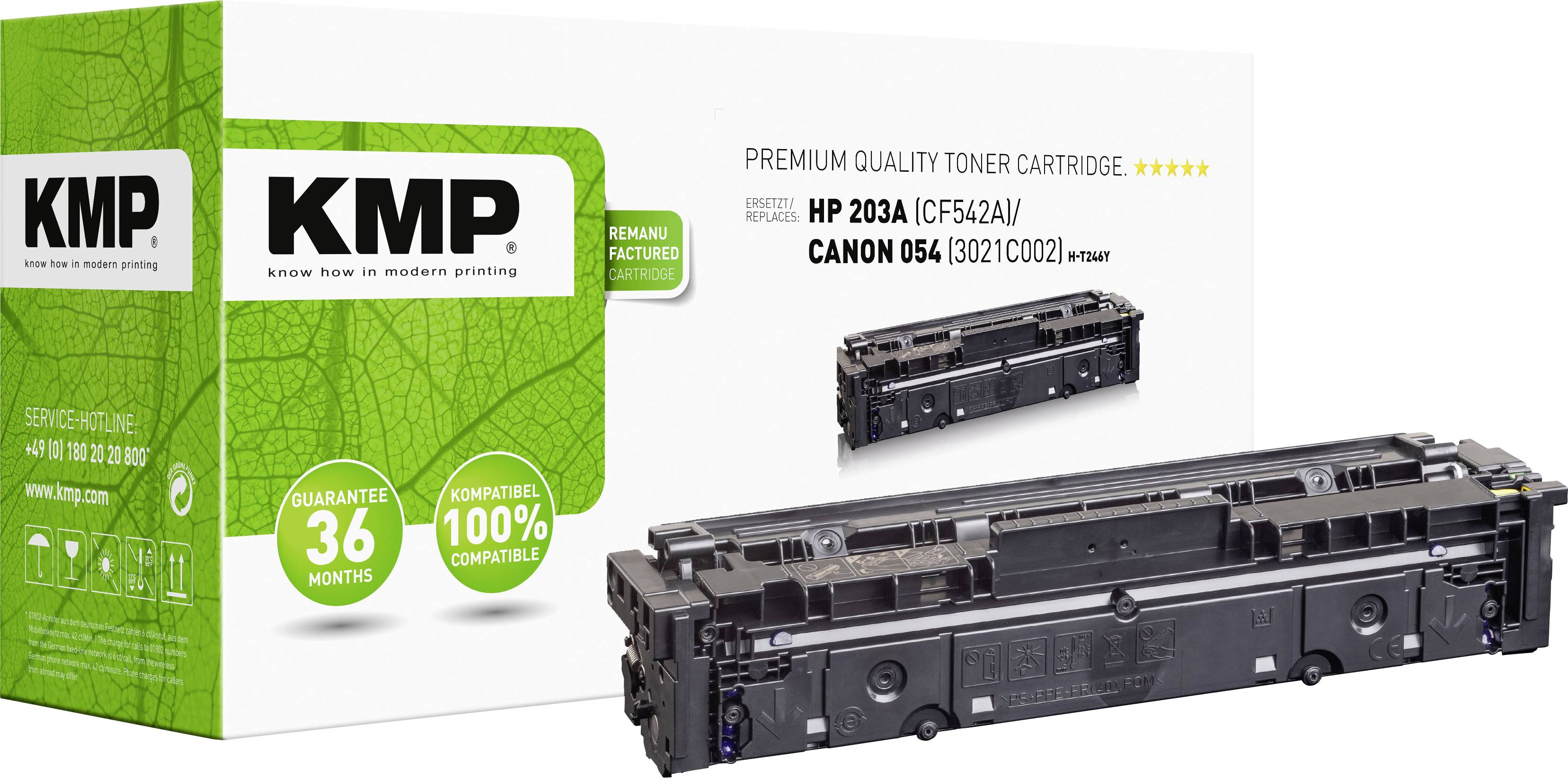 Kartonska kutija i tonerska kazeta od KMP-a, prikladne za modele pisača HP 203A i Canon 054. Pakiranje naglašava 36 mjeseci jamstva.