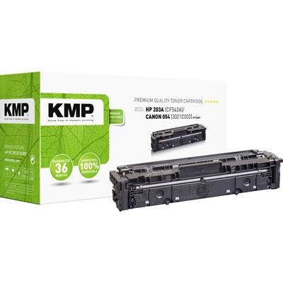 Kartonska kutija i tonerska kazeta od KMP-a, prikladne za modele pisača HP 203A i Canon 054. Pakiranje naglašava 36 mjeseci jamstva.