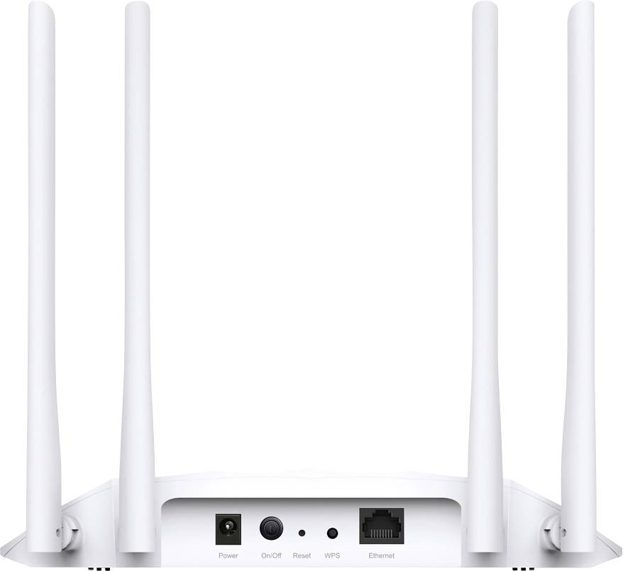 Bijeli WLAN router s četiri antene vidljiv je na ravnoj površini, a stražnja strana prikazuje priključke i tipke.