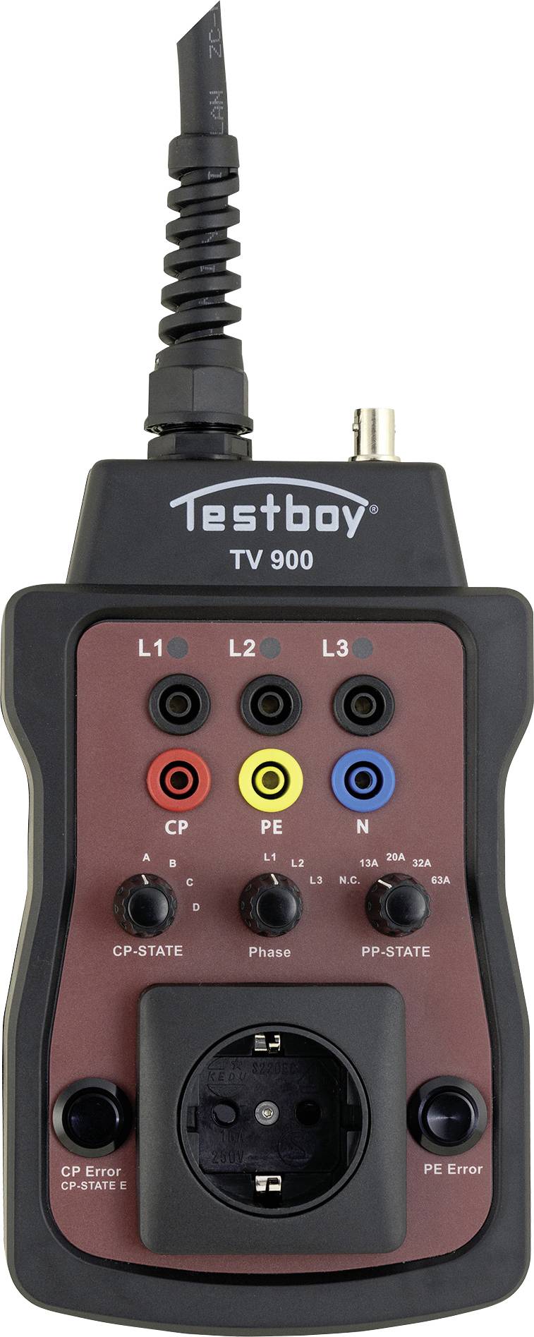 Električni mjerni uređaj s više priključaka i pokazivača, označen kao 'Testboy TV 900', namijenjen ispitivanju utičnica.
