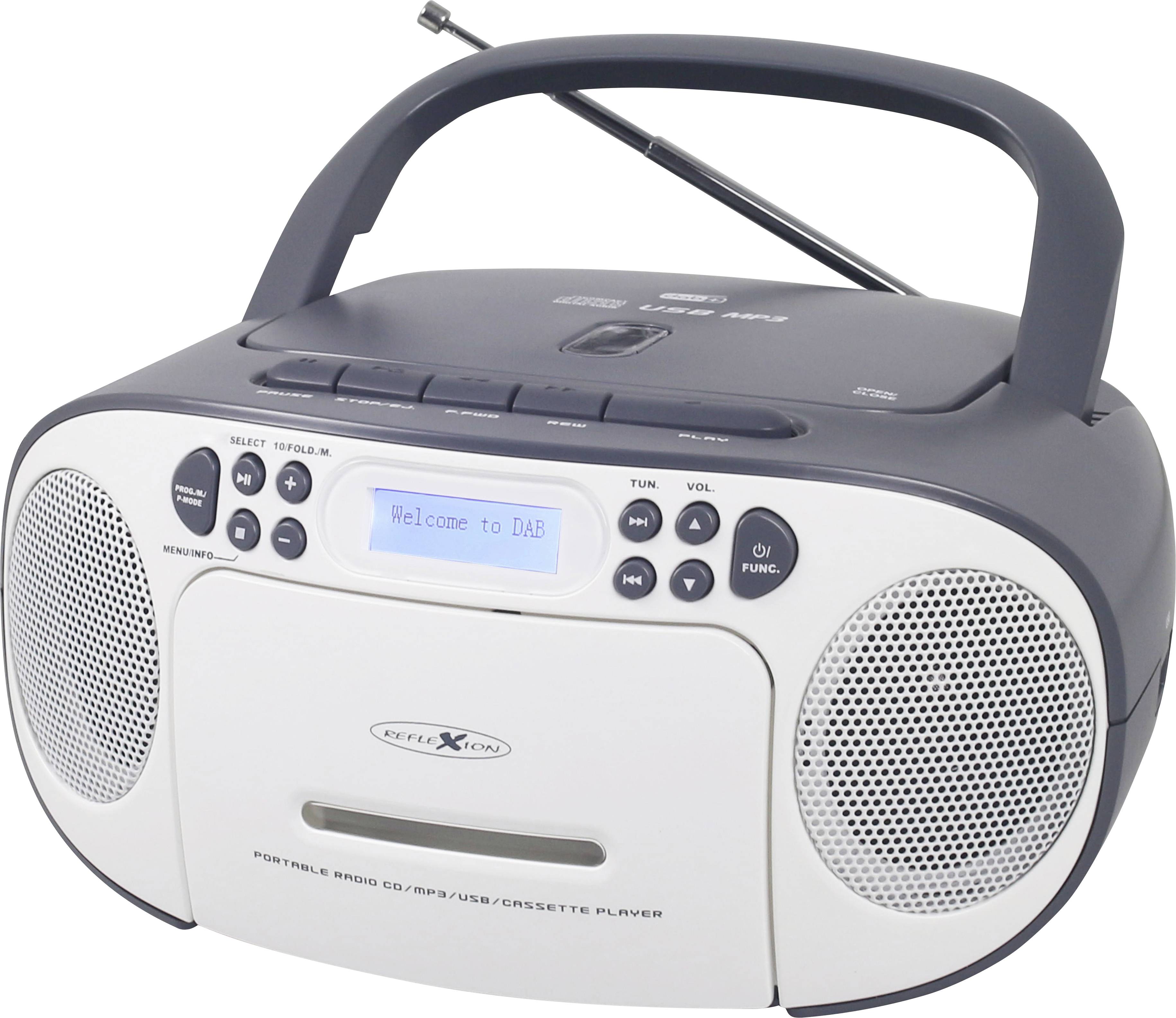 Prijenosni radio s CD playerom, USB priključkom i kazetnim magnetofonom. Zaslon prikazuje 'Welcome to DAB'.