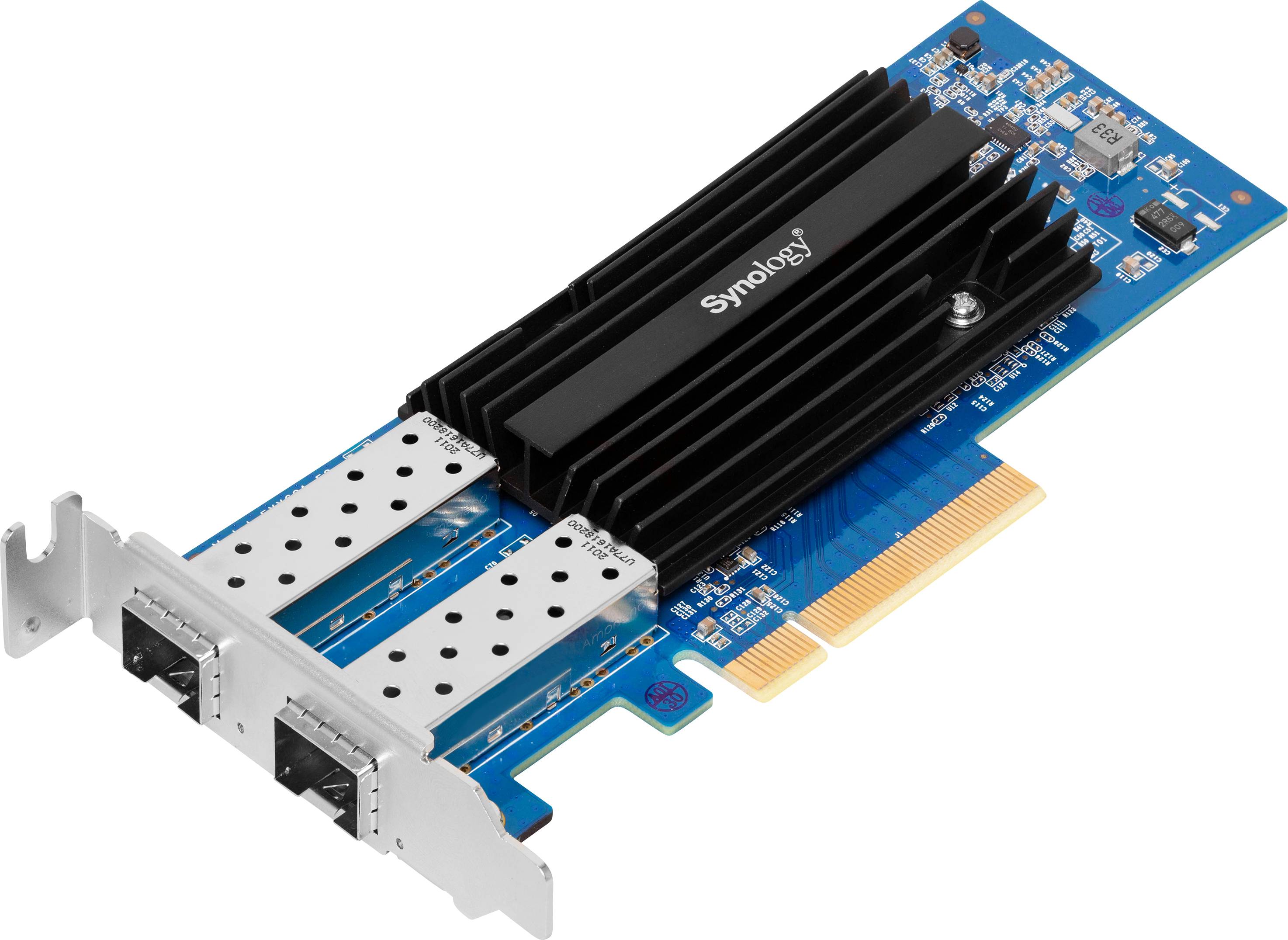 Plava mrežna kartica s dva Ethernet porta, crnim rashladnim modulom i PCIe priključkom, s logotipom tvrtke 'Synology'.