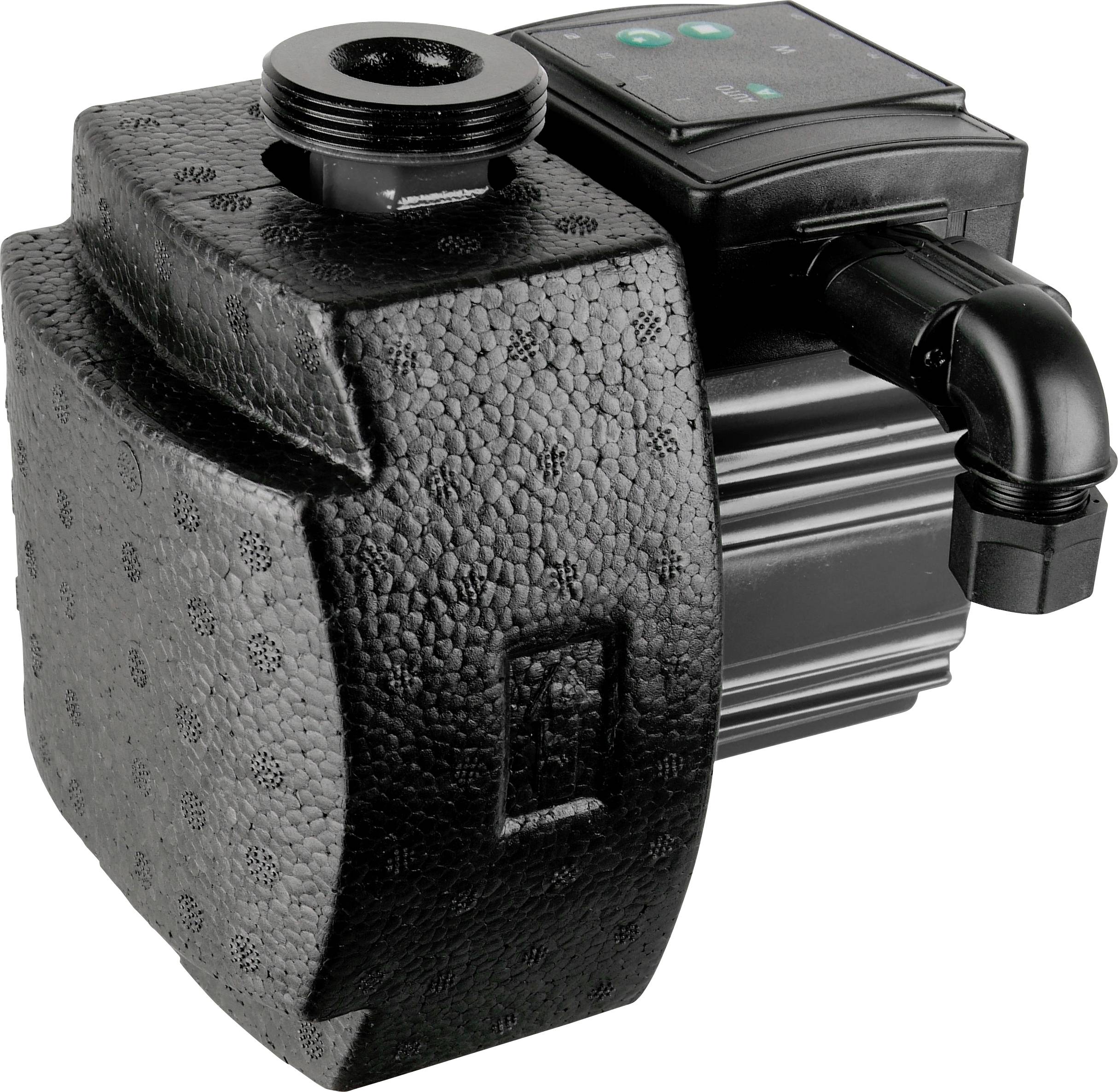 Crna vodena pumpa s izolacijom i dva priključka, jedan gore i jedan sa strane. Gornja strana opremljena kontrolnom pločom.