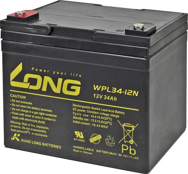 Long WPL34-12 WPL34-12 olovni akumulator 12 V 34 Ah olovno-koprenasti (Š x V x D) 197 x 170 x 131 mm M5 vijčani priključak nisko samopražnjenje, bez održavanja