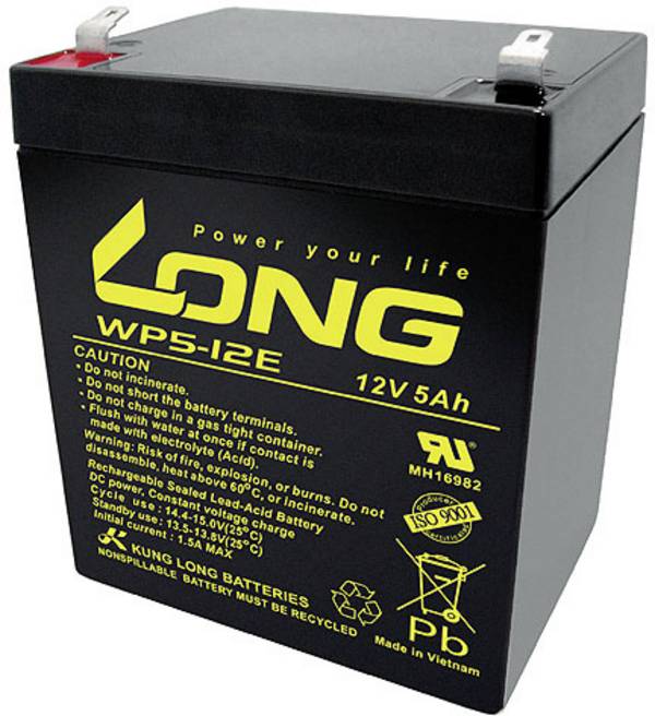 Long WP5-12E WP5-12E olovni akumulator 12 V 5 Ah olovno-koprenasti (Š x V x D) 90 x 107 x 70 mm plosnati priključak 6.35 mm ciklus postojanosti, nisko samopražnjenje, bez održavanja