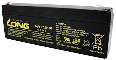 Crna baterija za dugotrajnu upotrebu sa žutim natpisom 'LONG WP2.2-12 12V 2.2Ah'. Vidljivi sigurnosni znakovi upozorenja i simboli za reciklažu.
