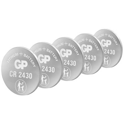 Nekoliko prekllapajućih GP Ultra+ Lithium-dugmastih ćelija CR2430, dijagonalno raspoređenih na bijeloj pozadini.