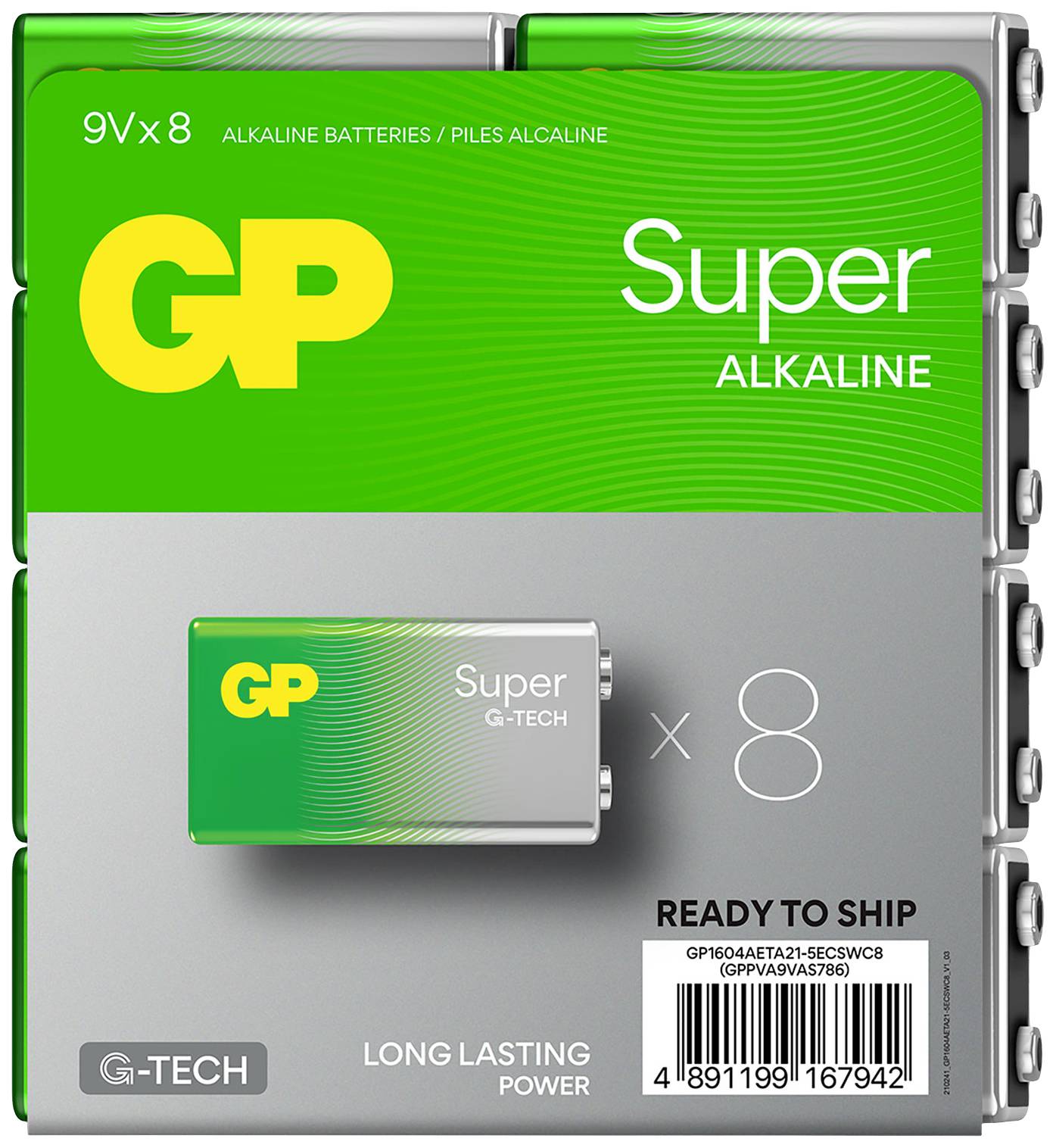 Pakovanje sa 9V block baterijama od GP: 'Super Alkaline', 'G-TECH', 'x8', 'Ready to Ship', 'Long Lasting Power'.