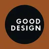 Krug na smeđoj pozadini s natpisom 'GOOD DESIGN' bijele boje.