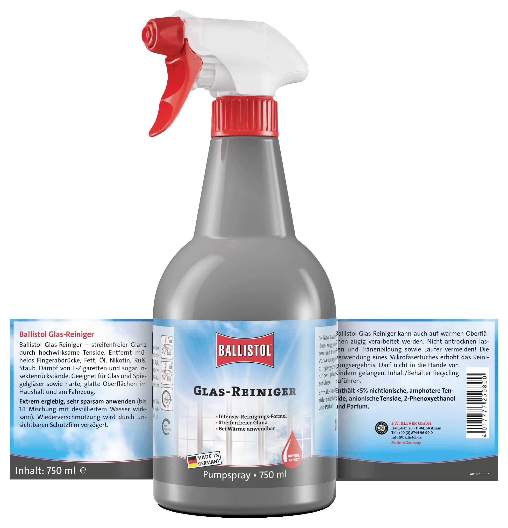 Sprej boca označena 'Ballistol Glas-Reiniger' sa uputama za čišćenje i detaljima proizvoda na više jezika. Sadržaj 750 ml.