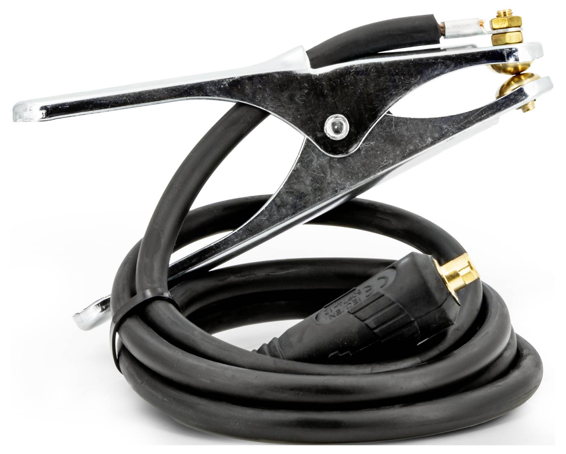 Spiralna crna kabel s metalnom krokodilskom stezaljkom i izoliranim konektorom, prikazana na bijeloj pozadini.