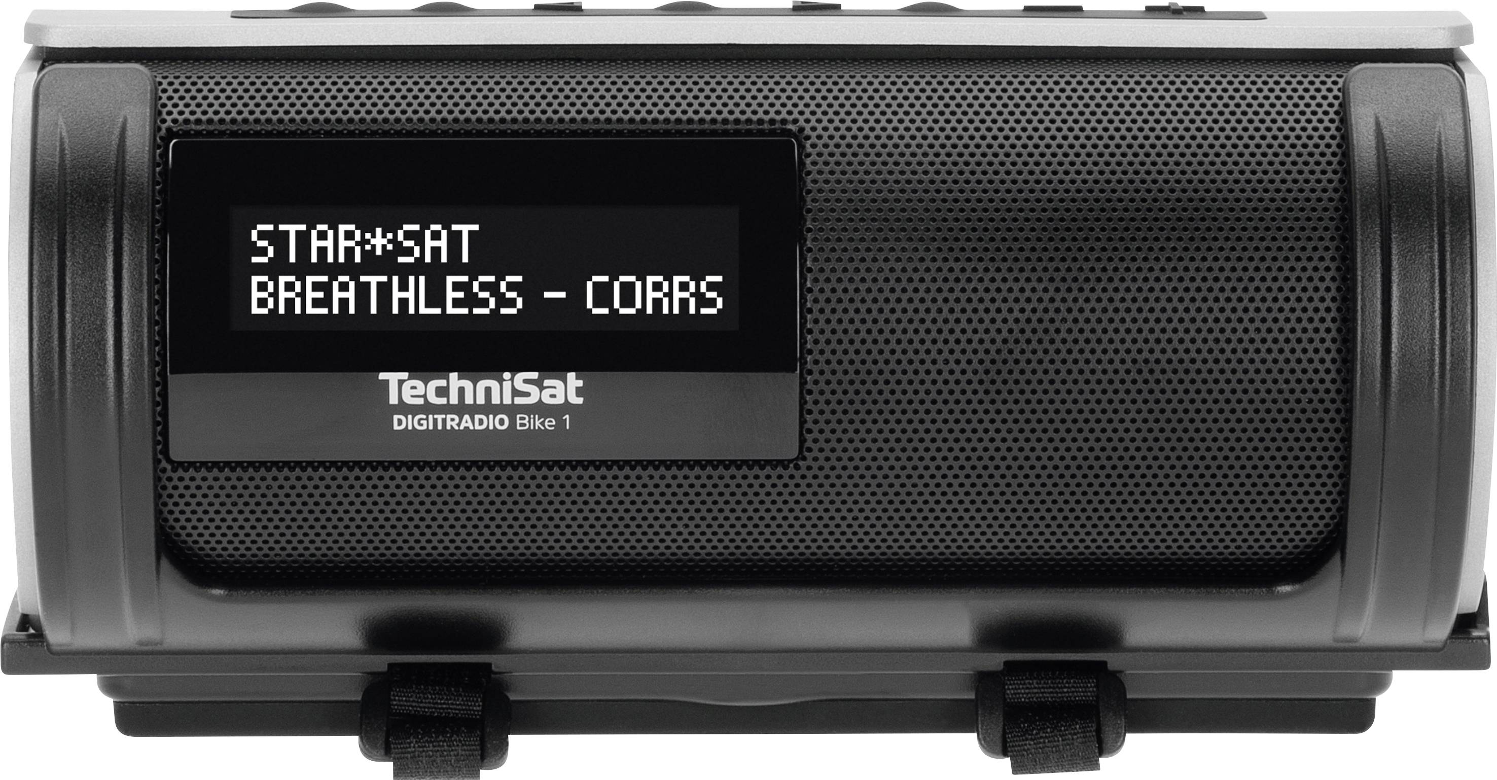 Crni prijenosni digitalni radio s zaslonom na kojem piše 'STAR*SAT BREATHLESS - CORRS'. Naziv marke 'TechniSat' nalazi se na dnu zaslona.
