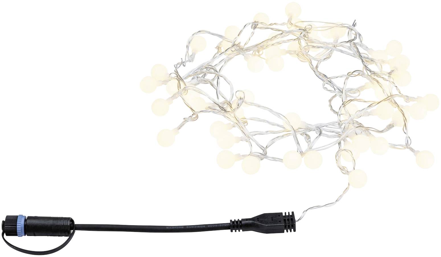 Svjetlosni niz s toplim bijeli LED žaruljama, spiralno namotanim. Crni utikač postavljen je na jednom kraju lanca.