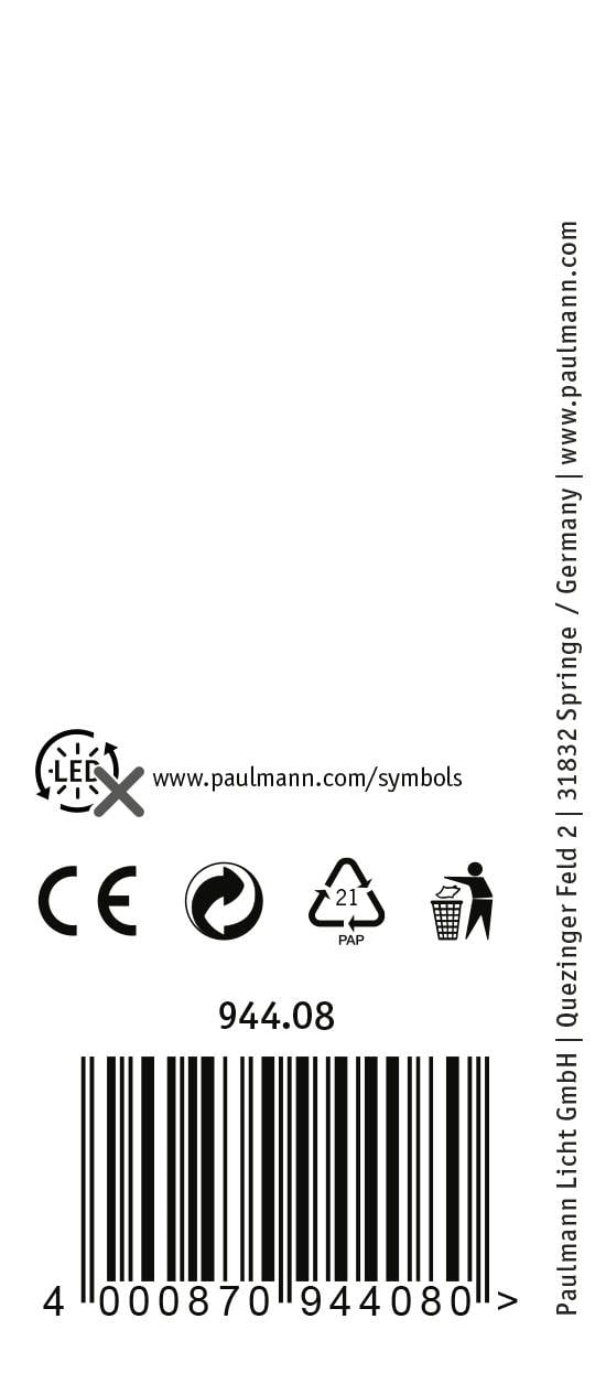 'Paulmann Licht GmbH' Barkod s CE oznakom, simbolom za recikliranje i URL-om web stranice. Produktni kod: 944.08.