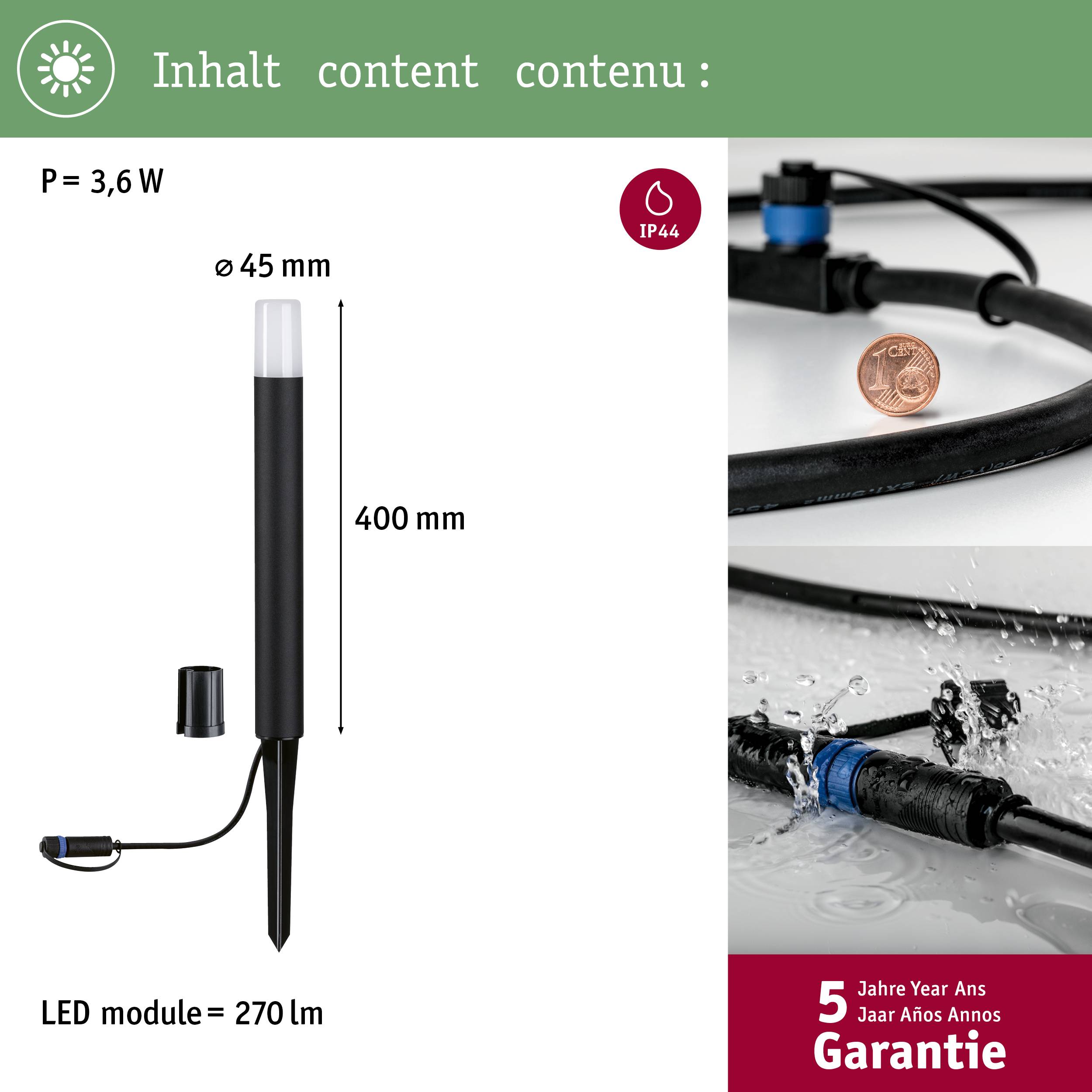Svjetiljka s uzemljenjačem, promjera 45 mm, visine 400 mm. LED modul: 270 lm. Stupanj zaštite IP44. 5 godina jamstva. Lijevo '3,6 W'.