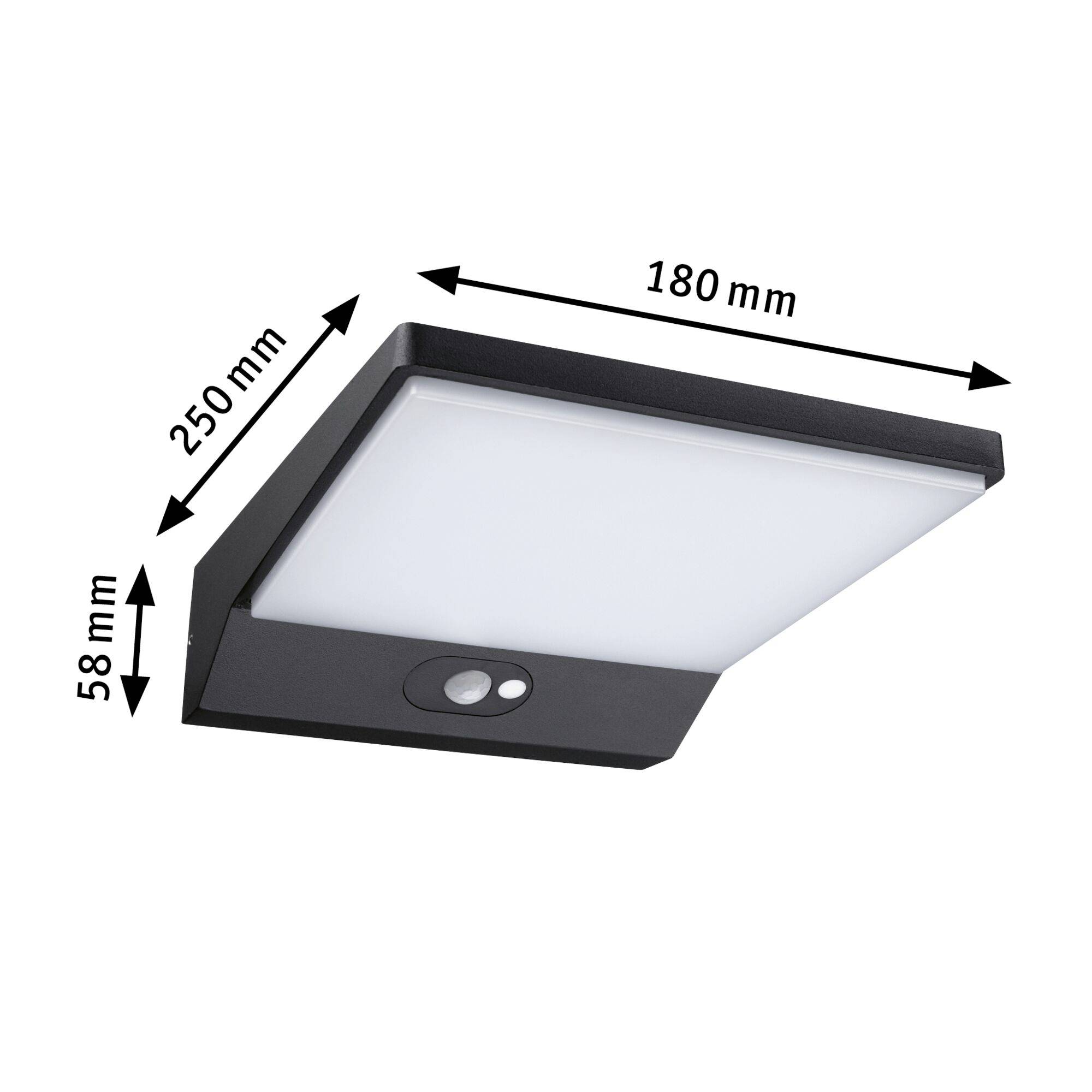 Vanjska rasvjetna tijela s detektorom pokreta, pravokutnog oblika, crne boje, dimenzije: 250 mm x 180 mm, visina 58 mm.