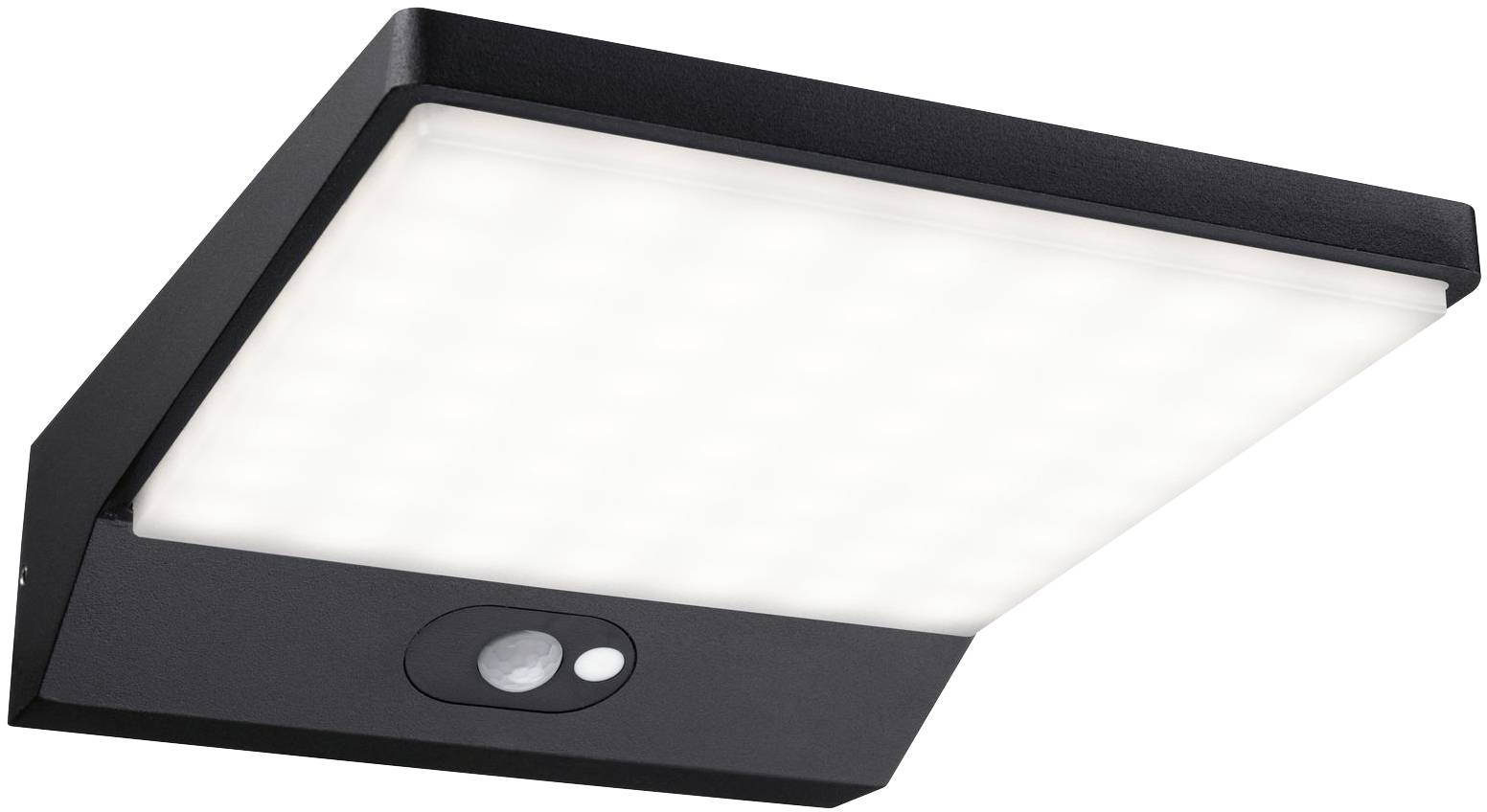 Crna, kvadratna LED vanjska rasvjeta s detektorom pokreta; pogodna za upotrebu u vrtu ili na vanjskom zidu kuće.