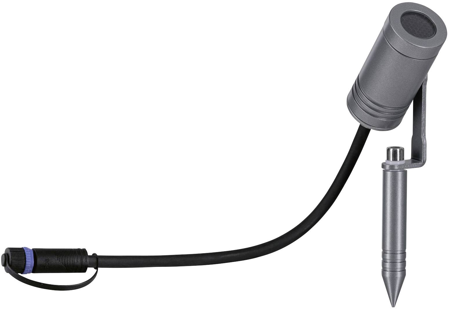 Srebrni vrtni reflektor sa šiljkom za učvršćivanje u tlo i vanjskim kabelom. Pogodan za osvjetljavanje vanjskih prostora.