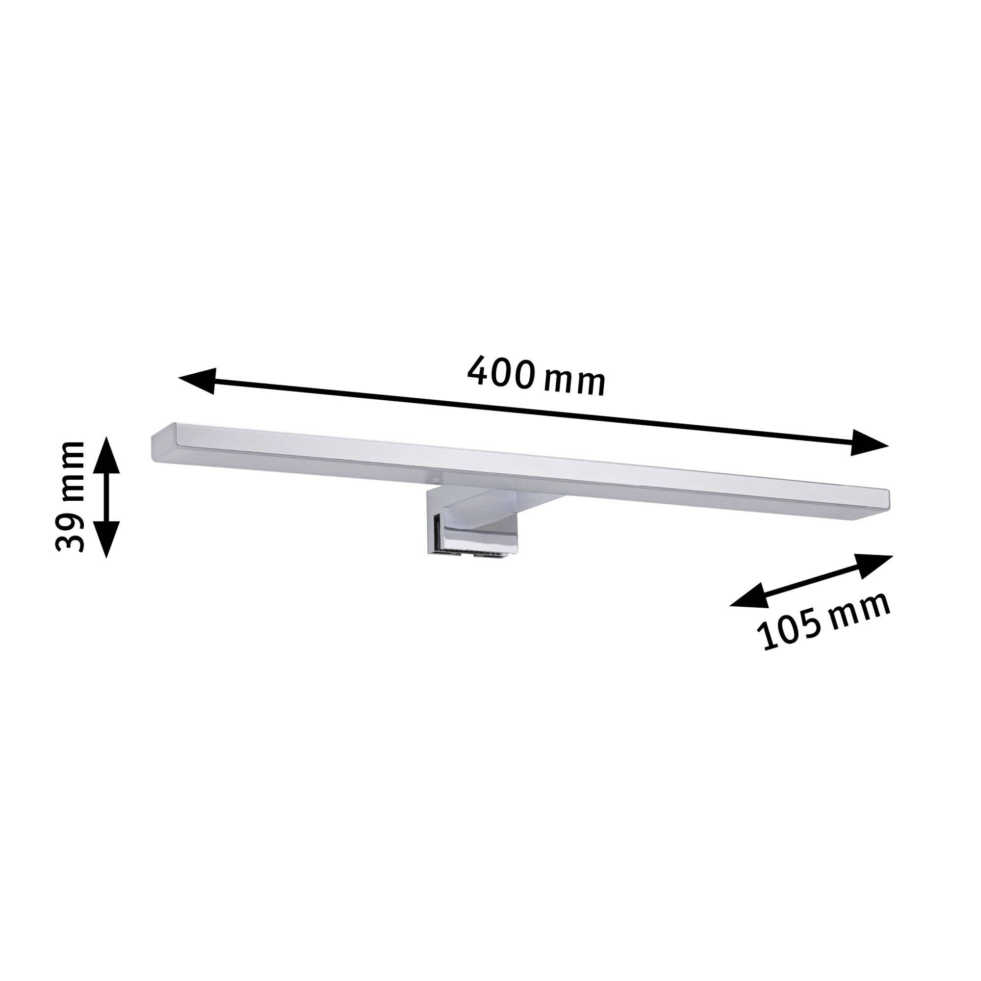 Zidna lampa, pravokutnog oblika, krom, dimenzije: 400 mm duljine, 39 mm visine, 105 mm dubine, podesna za osvjetljavanje ogledala.