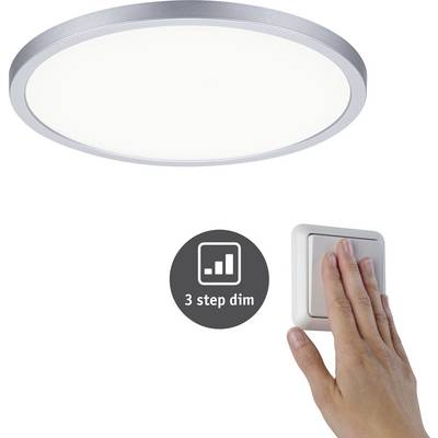 Stropna lampa s kružnom, bijelom svjetlošću. Ruka uključuje prigušivač s natpisom '3 razine prigušenja'.