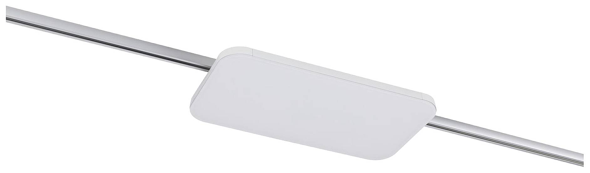 Pravokutna bijela LED-svjetiljka ugrađena je u srebrnoj šini. Svjetiljka ima zaobljene rubove.