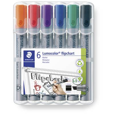 Šest obojenih STAEDTLER Lumocolor flip chart markera u jednom pakiranju. Pogodni za flip chartove. Prednja strana prikazuje upotrebu na flip chartu.