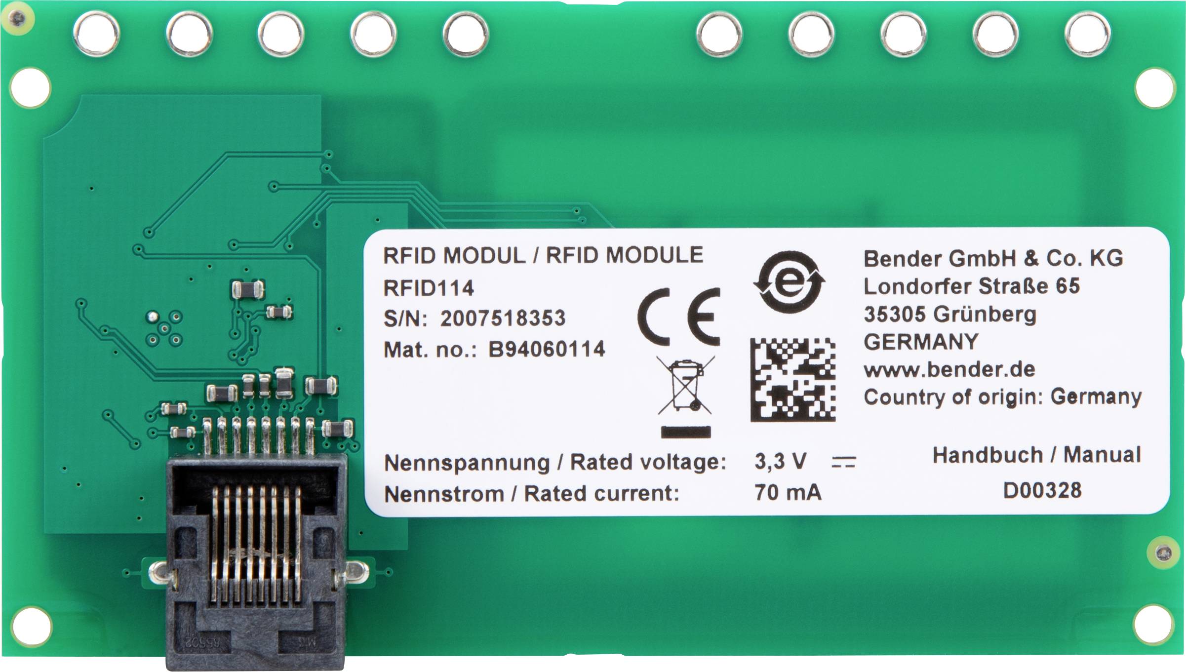 RFID modul s podacima o tvrtki i tehničkim specifikacijama na zelenoj elektroničkoj ploči.