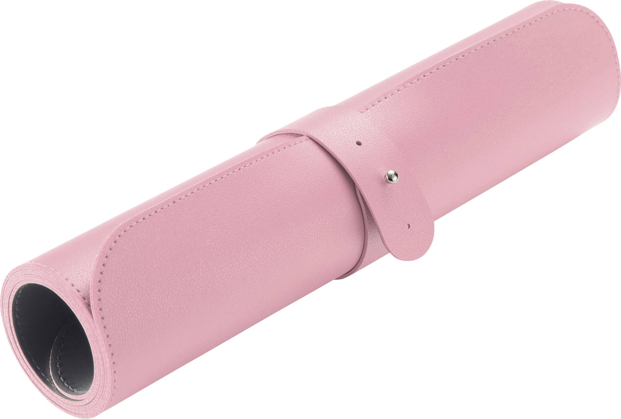 Ružičasta kožna rolna, stisnuta, sa zatvaračem na gumb. Savršena za sigrano čuvanje i transport predmeta.