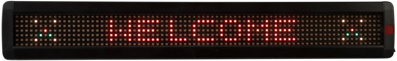 Svijetleći display s natpisom 'WELCOME' crvenim LED slovima na crnoj pozadini.