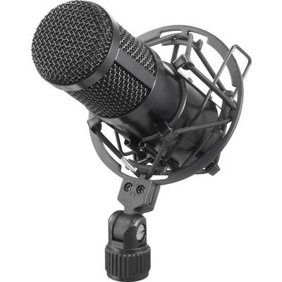 Crno studijsko mikrofon s pop filtrom i nosačem na stalku, spremno za audio snimanja ili podcast.