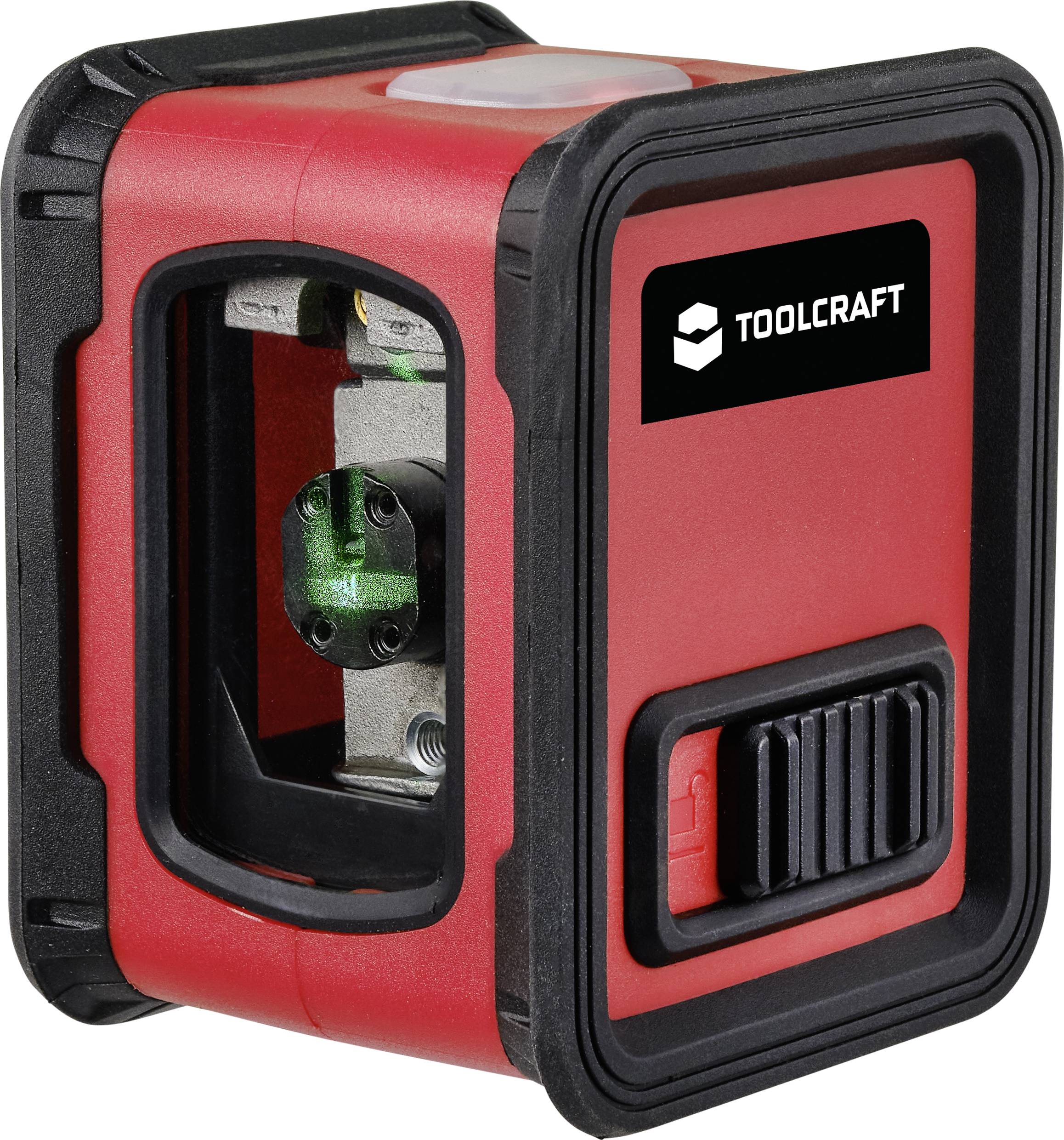 Crveni laserski daljinomjer od Toolcraft-a s crnim kućištem. Elementi zaslona su vidljivi. Uređaj je prenosiv i kompaktan.