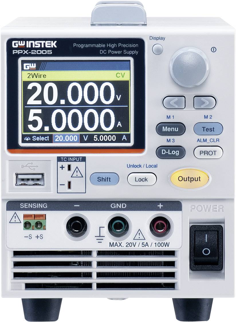 'GW Instek PPX-2005' laboratorijski naponski uređaj s prikazom koji показuje 20.000 V i 5,0000 A. Tipke za funkcije, USB priključak i priključci dolje.