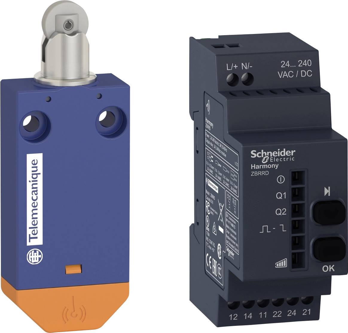 Dva elektronička uređaja od Schneider Electrica: lijevo plavo-narančasti prekidač od Telemecanique, desno crni Harmony modul, model ZBRRD, s priključcima.