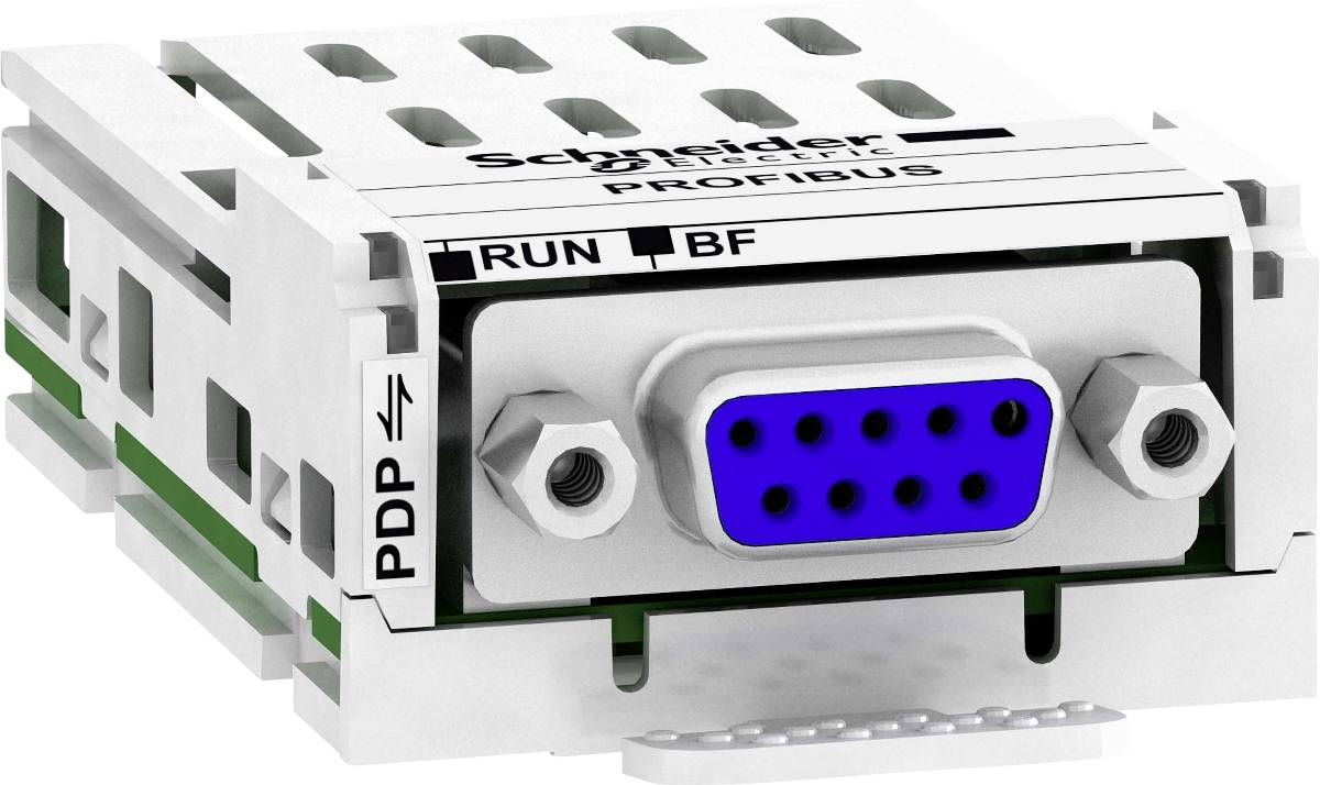 PROFIBUS modul za povezivanje od Schneider Electrica s RUN i BF statusnim indikatorima, utičnicama i zeleno-bijelom bojom.