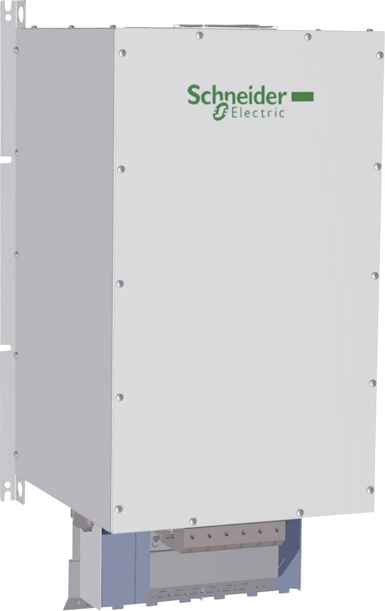 Bijeli električni uređaj s logotipom 'Schneider Electric' montiran je na zidu. Čini se da je dio tehničke instalacije.
