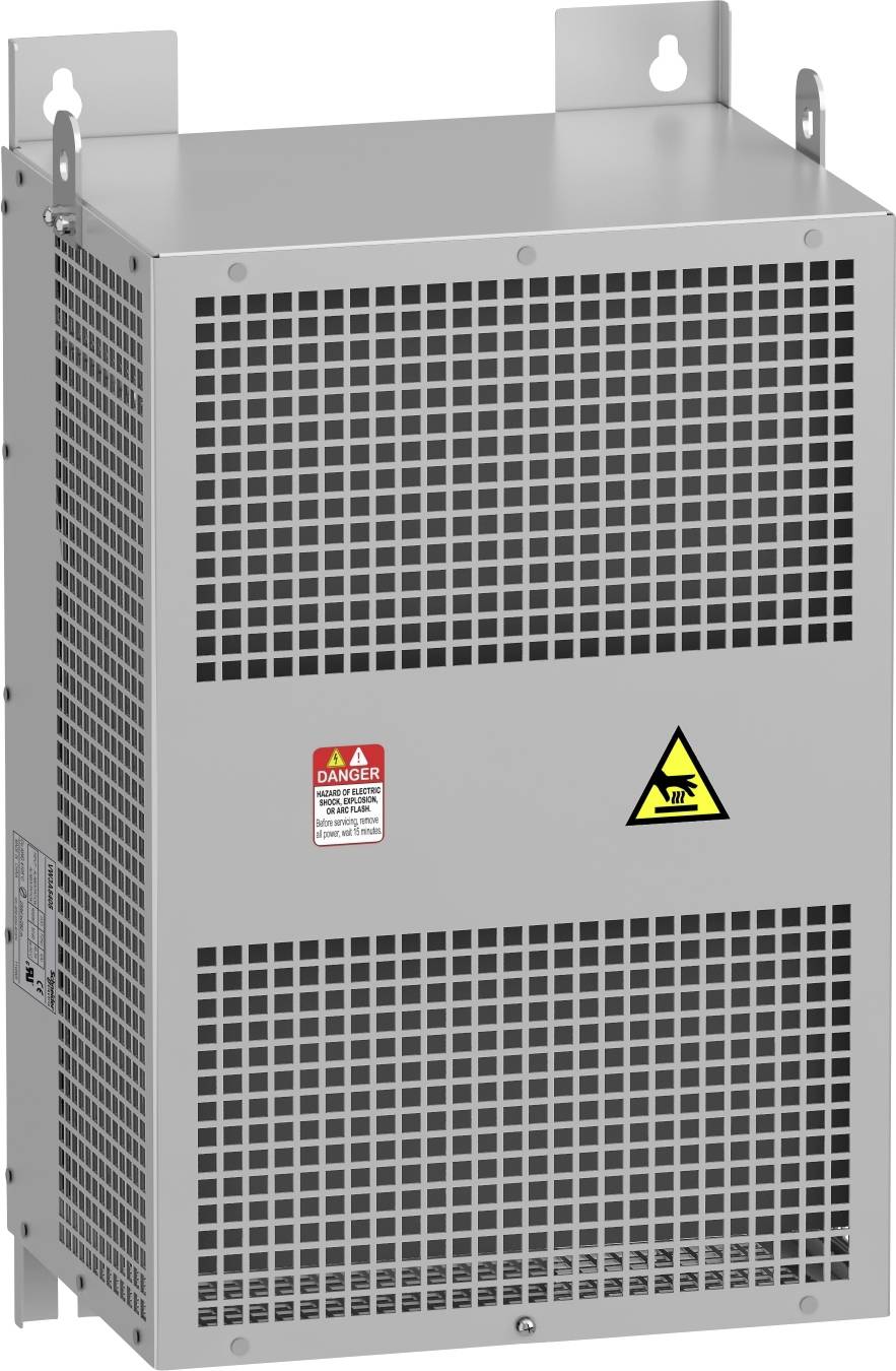 Sivi metalni hladnjak s ventilacijskim rešetkama i dva sigurnosna simbola u sredini, montiran na zidu.