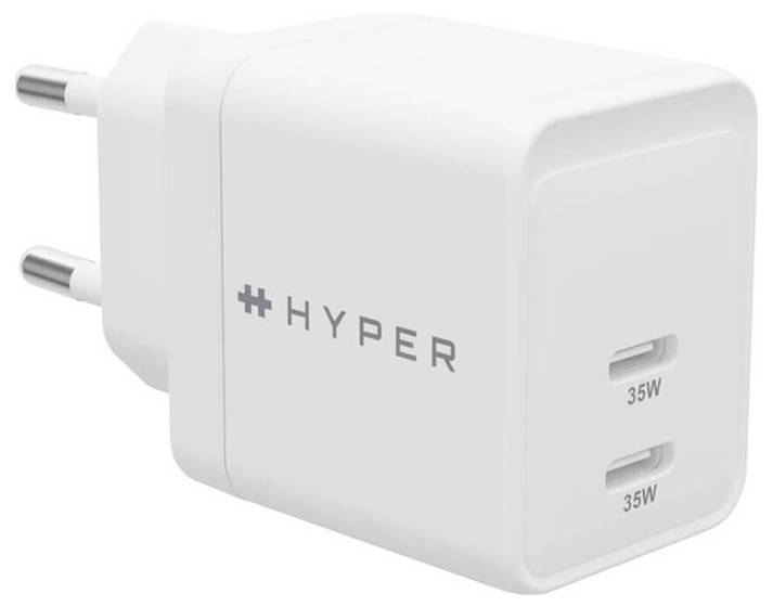Bijeli 35W dual USB-C punjač s logotipom 'HYPER', pogodan za brzo punjenje elektroničkih uređaja.