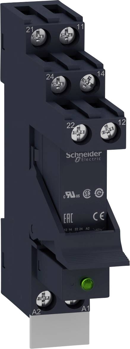 Crni električni kontaktor tvrtke Schneider Electric s više priključaka i zelenom kontrolnom lampom.