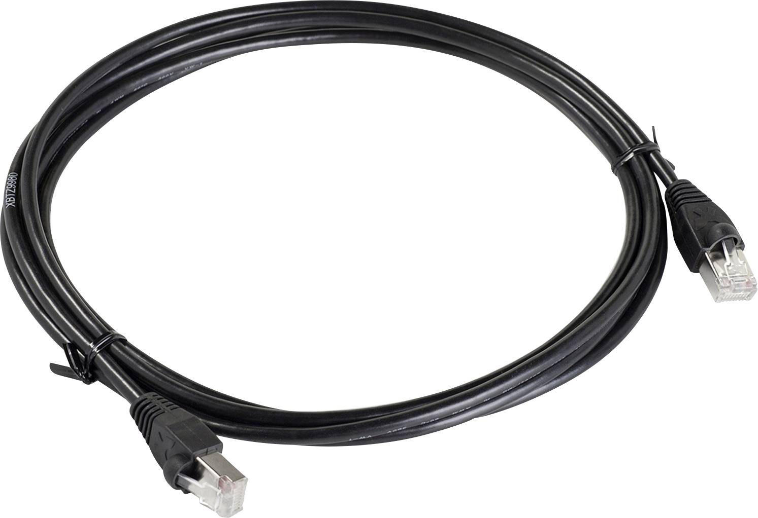 Crni Ethernet kabel s dva RJ45 priključka na oba kraja, pogodan za mrežne povezivosti.