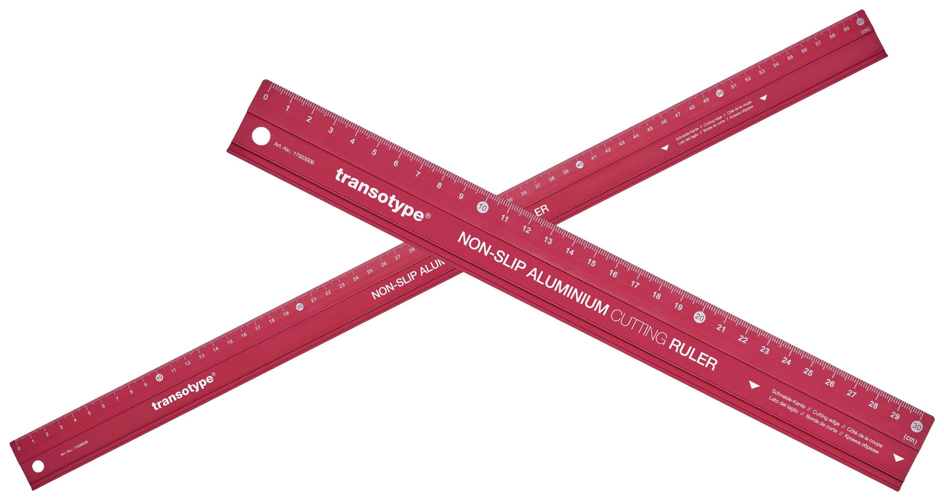 Dvije crvene metalne ravnala s centimetarskom i inčnom ljestvicom koje se križaju. Natpis glasi 'Non-Slip Aluminum Cutting Ruler'.