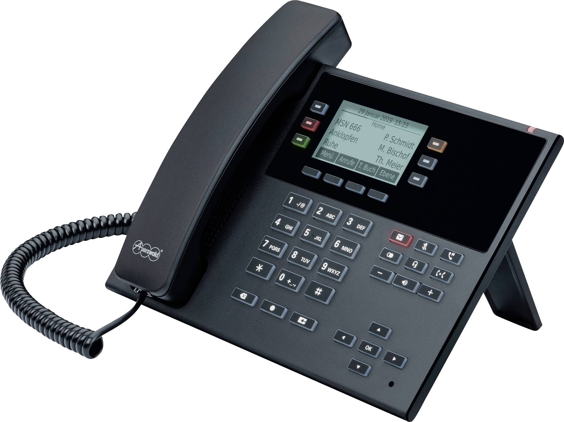 Crni uredski telefon s tipkovnicom i zaslonom, prikazuje popis poziva s nekoliko imena i brojeva, slušalica je na lijevoj strani.
