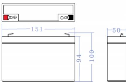 Dijagram pravokutne baterije s dimenzijama: duljina 151 mm, visina 100 mm, širina 50 mm. Pol su označeni gore, crveno za pozitivan.