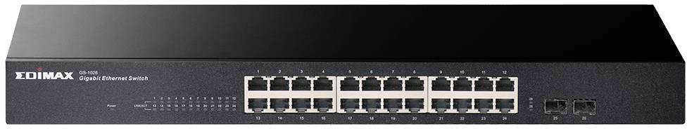Crni 24-portni gigabitni Ethernet preklopnik marke Edimax. Ima indikatorske svjetlosne signale i priključke za mrežne kabove.