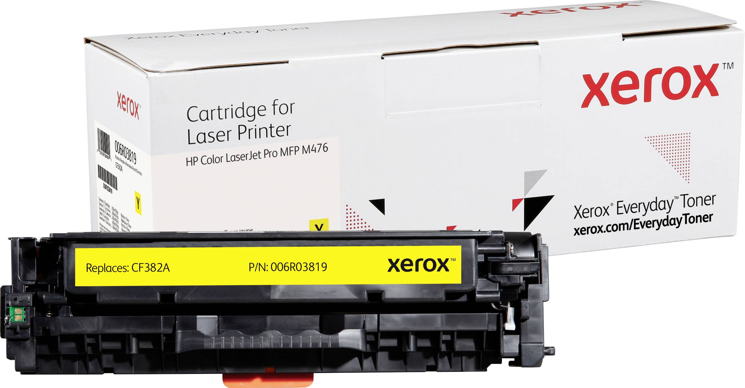 Xerox laserski printer tonerska kazeta. Pogodan za HP Color LaserJet Pro MFP M476. Ambalaža u pozadini, kazeta u prvom planu.